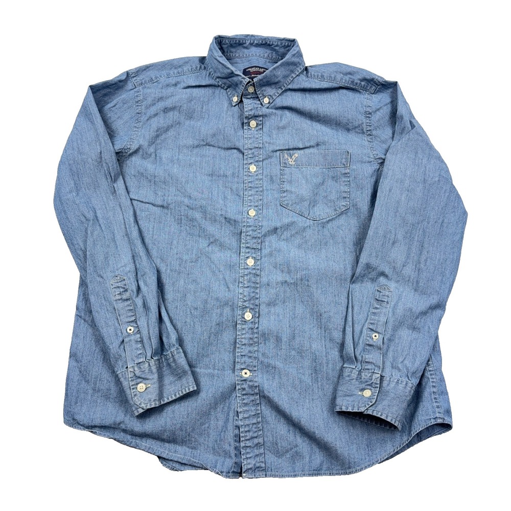 American Eagle Shirt Men Large Athletic Fit Blue Chambray Denim Button Up VTG